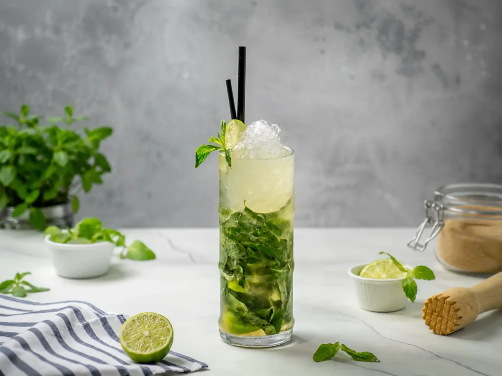 Mojito cocktail in een highballglas met verse munt, limoensap, suiker en ijs.