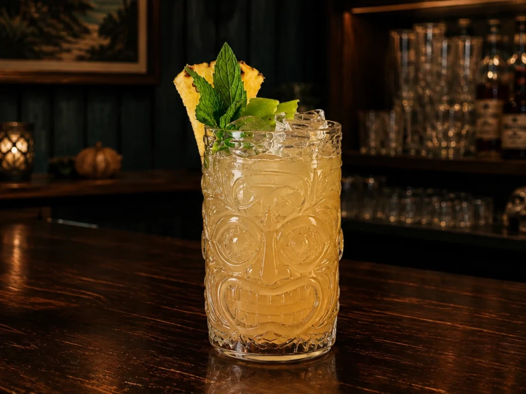 Mai Tai cocktail in een tiki-glas met donkere en witte rum, curaçao, limoensap en orgeatsiroop, gegarneerd met verse munt, limoen en een schijf ananas.