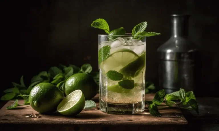 Mojito cocktail op plank met limoenen