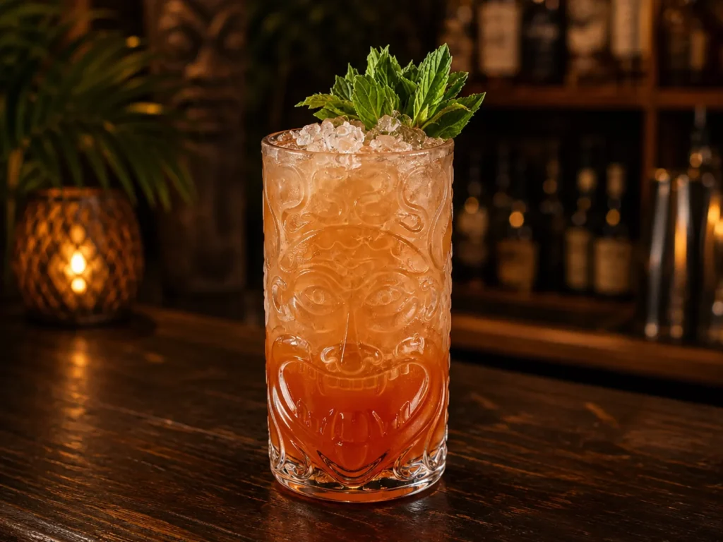 Zombie cocktail in een highballglas met crushed ice en verse munt.