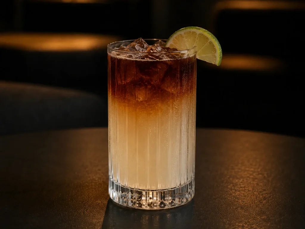 Dark ’n Stormy met donkere rum boven op gemberbier in een highballglas