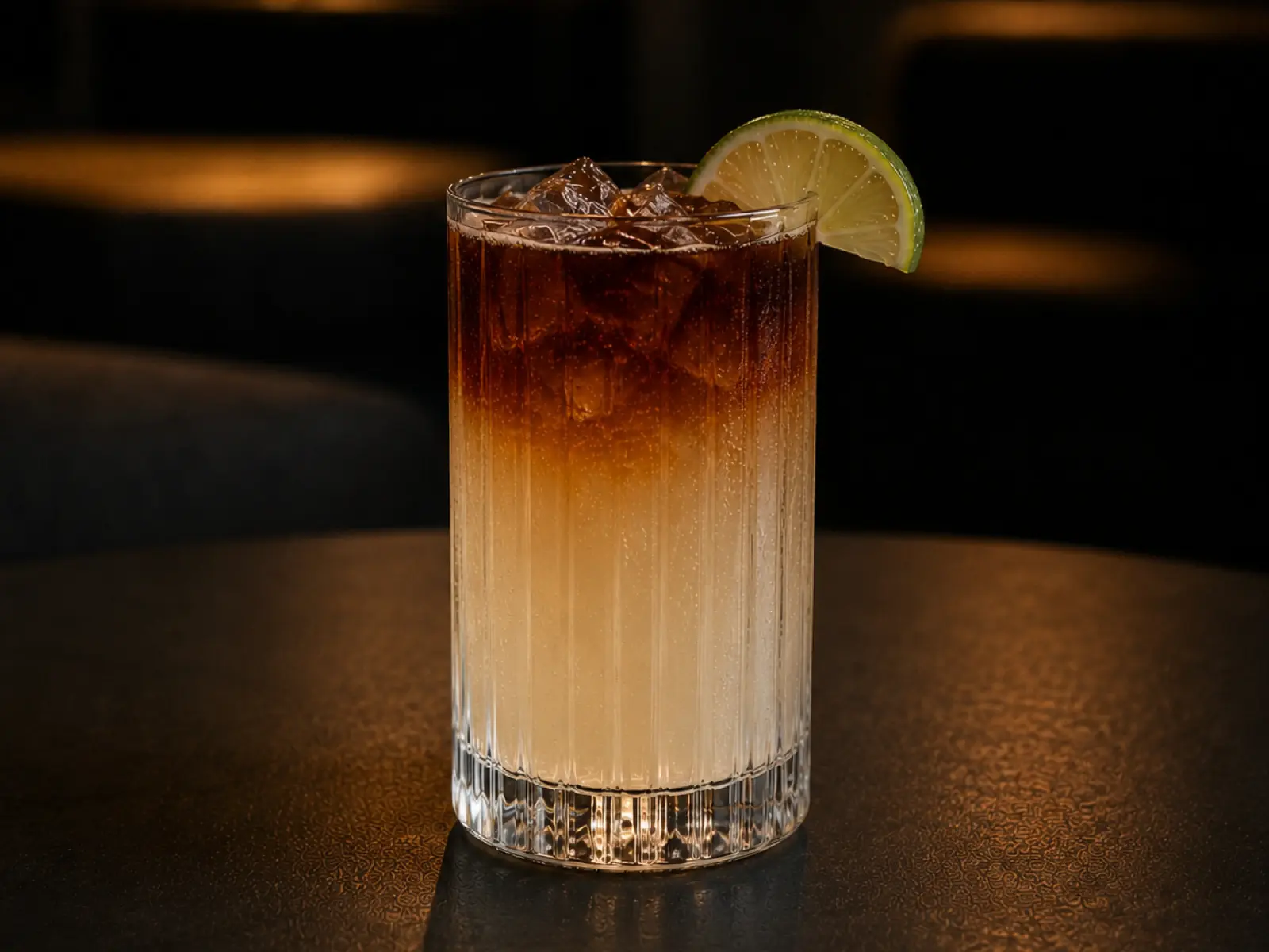 Dark ’n Stormy met donkere rum boven op gemberbier in een highballglas.