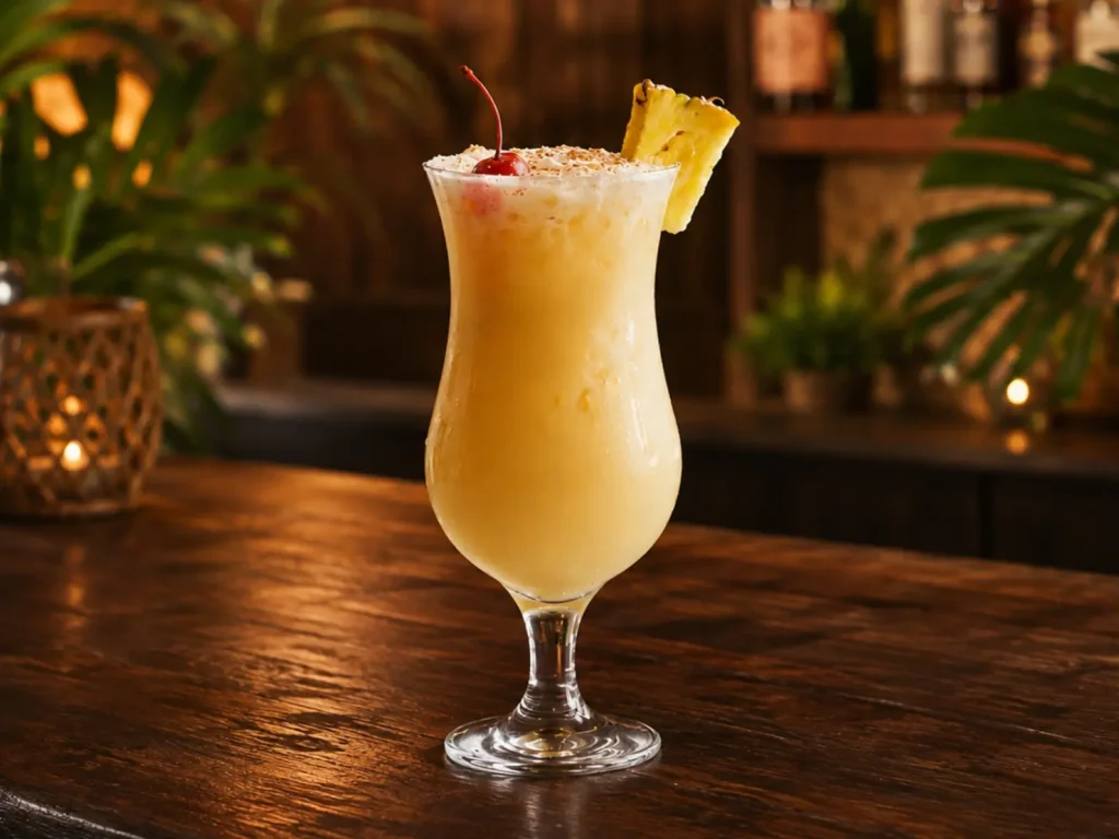 Painkiller cocktail in een hurricaneglas, gemaakt met Pusser’s Rum, ananassap, sinaasappelsap en kokosroom, gegarneerd met geraspte nootmuskaat, een ananasschijf en een cocktailkers.