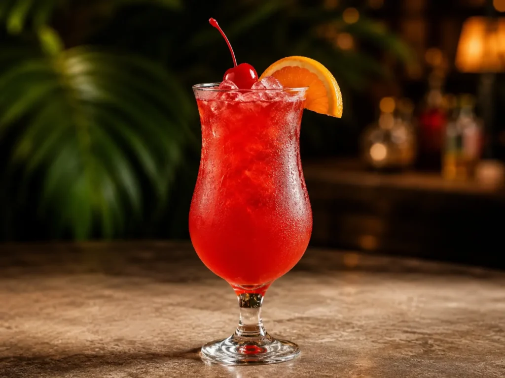 Klassieke Hurricane cocktail in een hurricaneglas met sinaasappelschijf, cocktailkers en crushed ice.