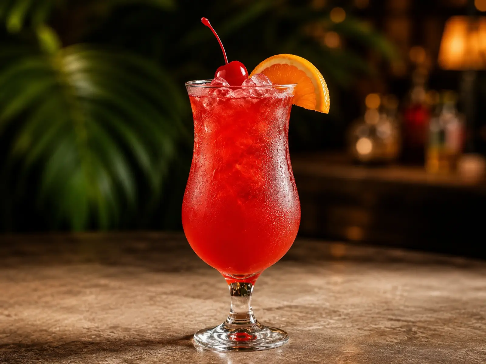 Klassieke Hurricane cocktail in een hurricaneglas met sinaasappelschijf, cocktailkers en crushed ice.