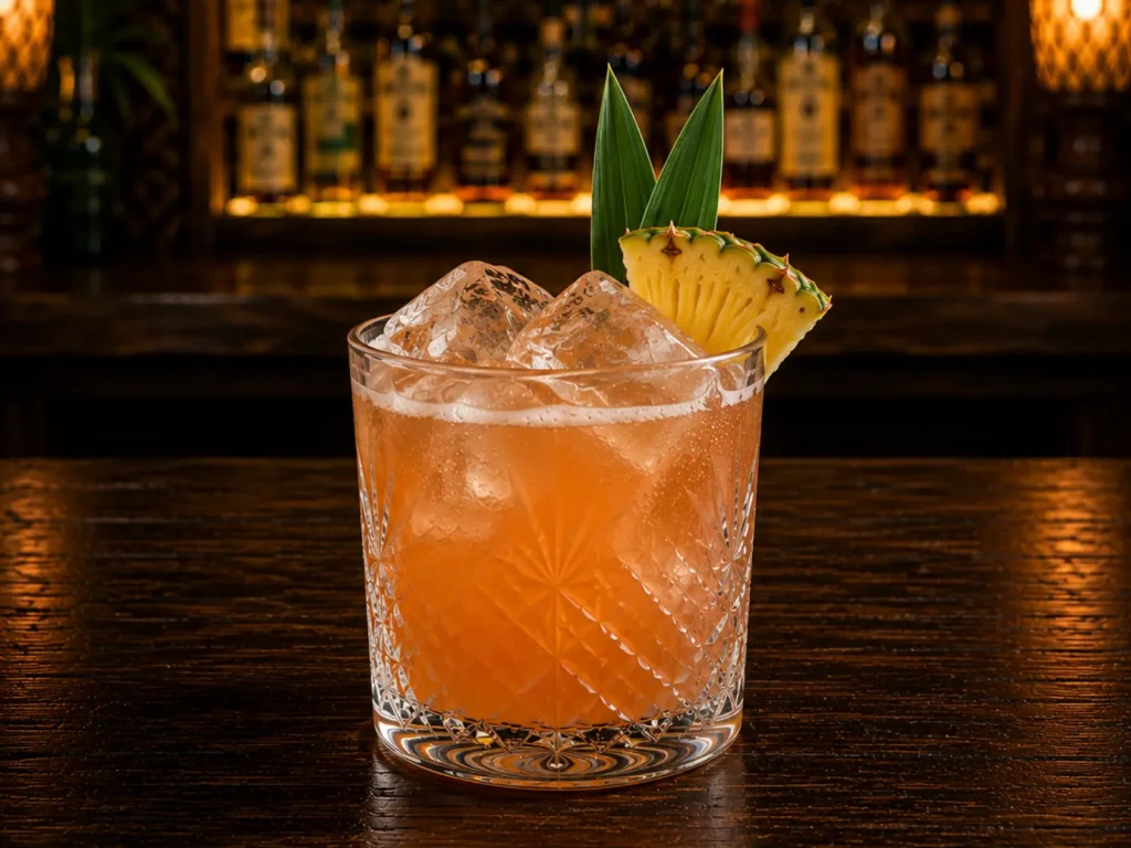 Klassieke Jungle Bird cocktail met donkere rum, Campari, ananas en limoen, geserveerd in een rocks glas met grote ijsblokken en een ananasgarnituur.
