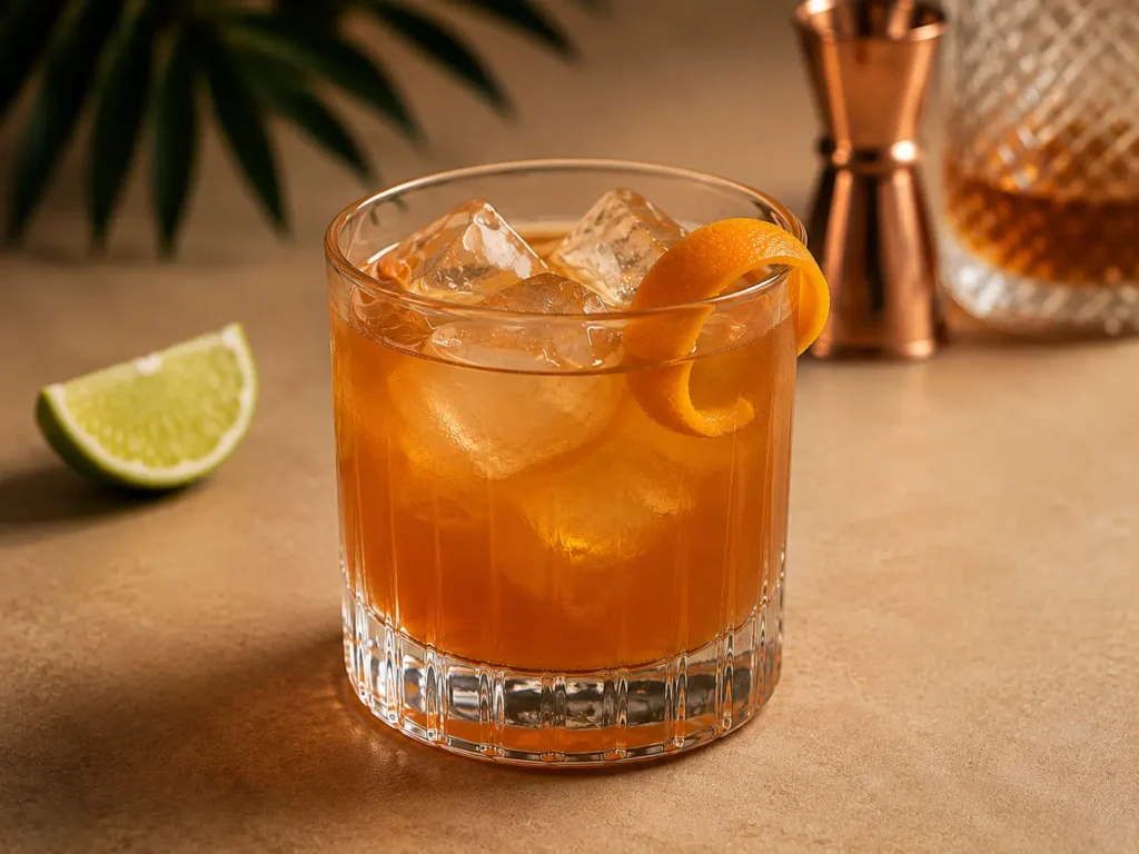 Planter’s Punch cocktail geserveerd in een rocks glas met grote ijsblokjes en sinaasappelschil.