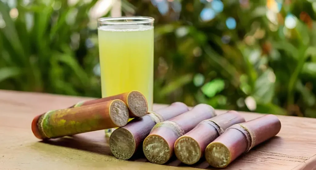 Stengels suikerriet met suikerrietsap