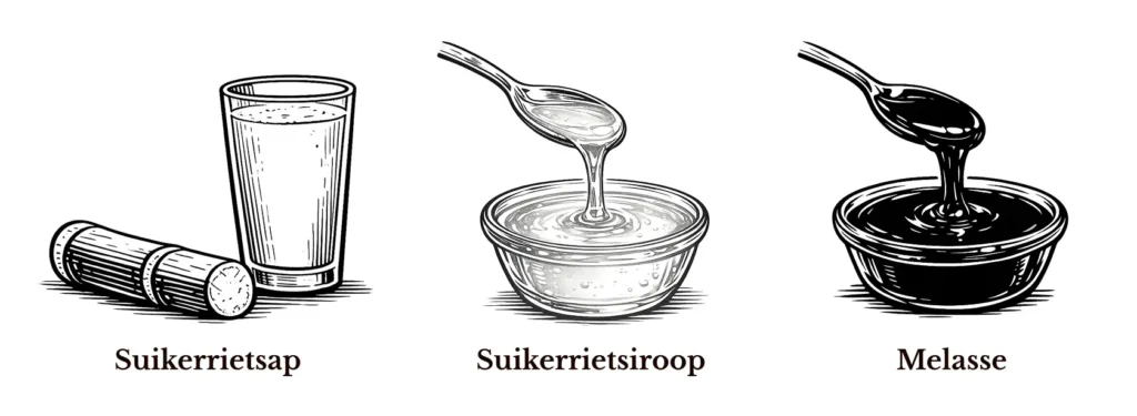 Schematisch overzicht van de grondstoffen van rum; suikerrietsap, suikerrietsiroop en melasse.