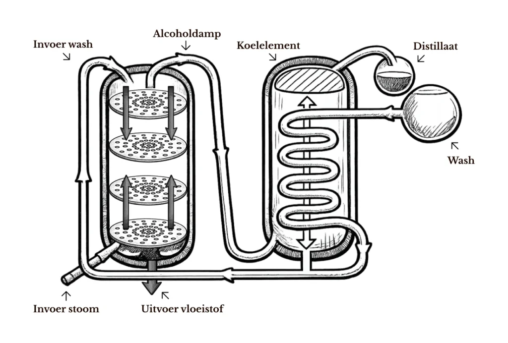 Schematische uitleg van de werking van een column still.