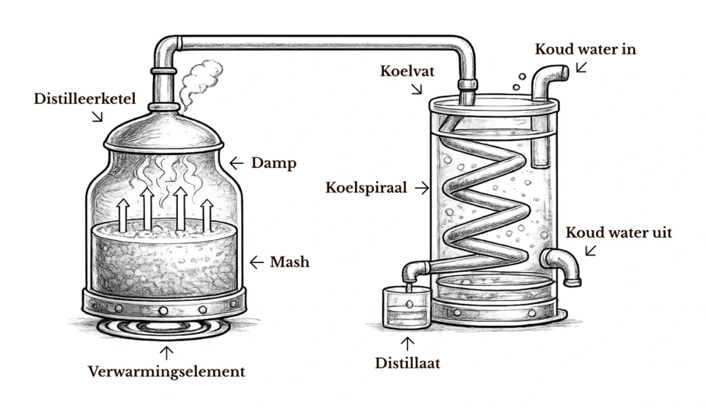 Schematische uitleg van de werking van een pot still.