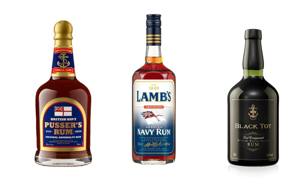 Flessen Pusser's rum, Lamb's Navy rum en Black Tot rum.