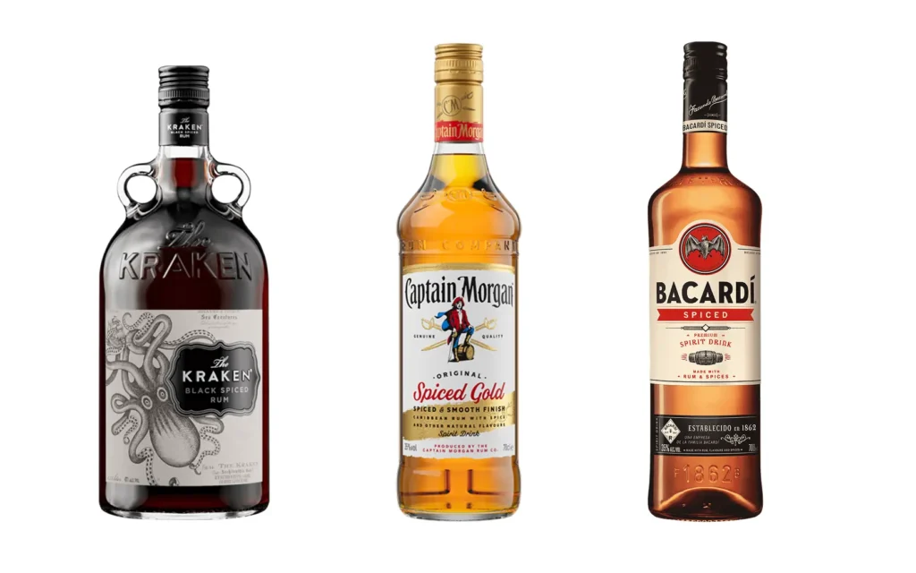 Flessen Kraken, Captain Morgan Spiced en Bacardi Spiced.